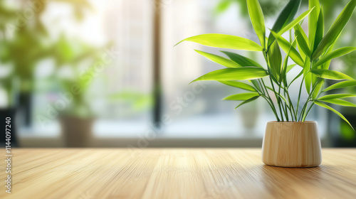 Potted bamboo on wooden table indoors