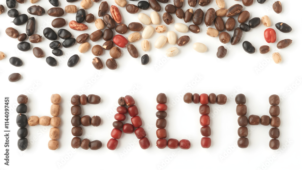 different colored beans, such as black beans, red beans, and white beans, arranging to form the word 'HEALTH' on a white background. Sharp details, focus on the surface of the beans different colored beans, such as black beans, red beans, and white beans, arranging to form the word 'HEALTH' on a white background. Sharp details, focus on the surface of the beans