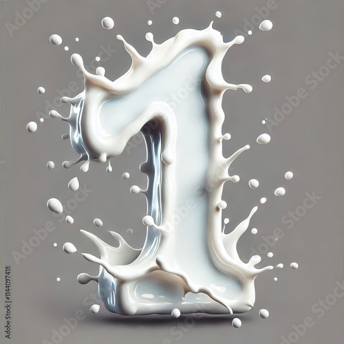 A 3D rendering shows the number one formed by a creamy white milk splash. The liquid creates dynamic, splashy texture. The background is a muted grey.