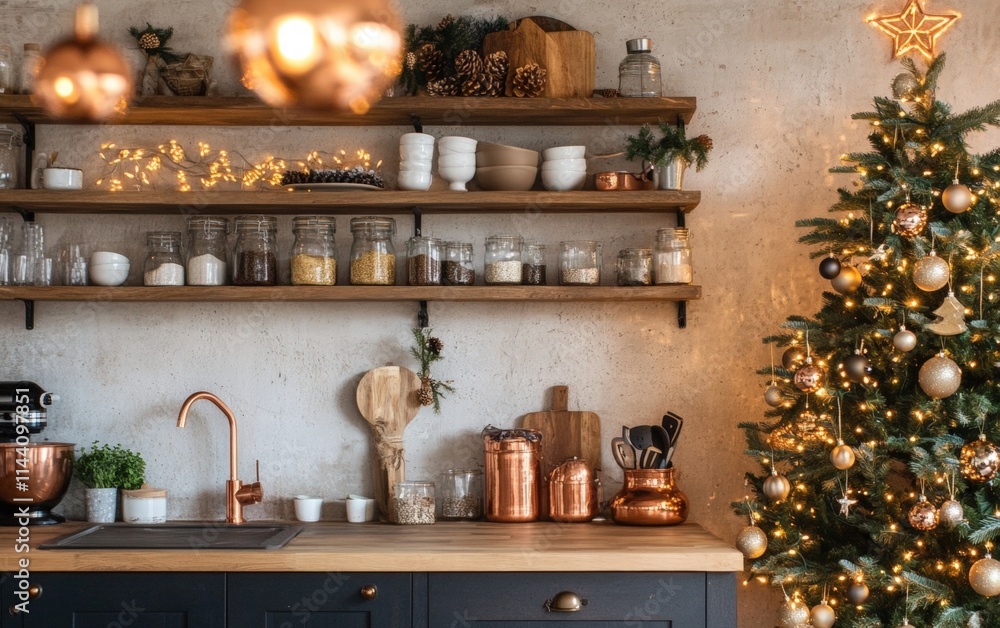 A rustic-modern kitchen with open shelving, copper accents, and a Christmas tree wrapped in warm golden lights A rustic-modern kitchen with open shelving, copper accents, and a Christmas tree wrapped in warm golden lights