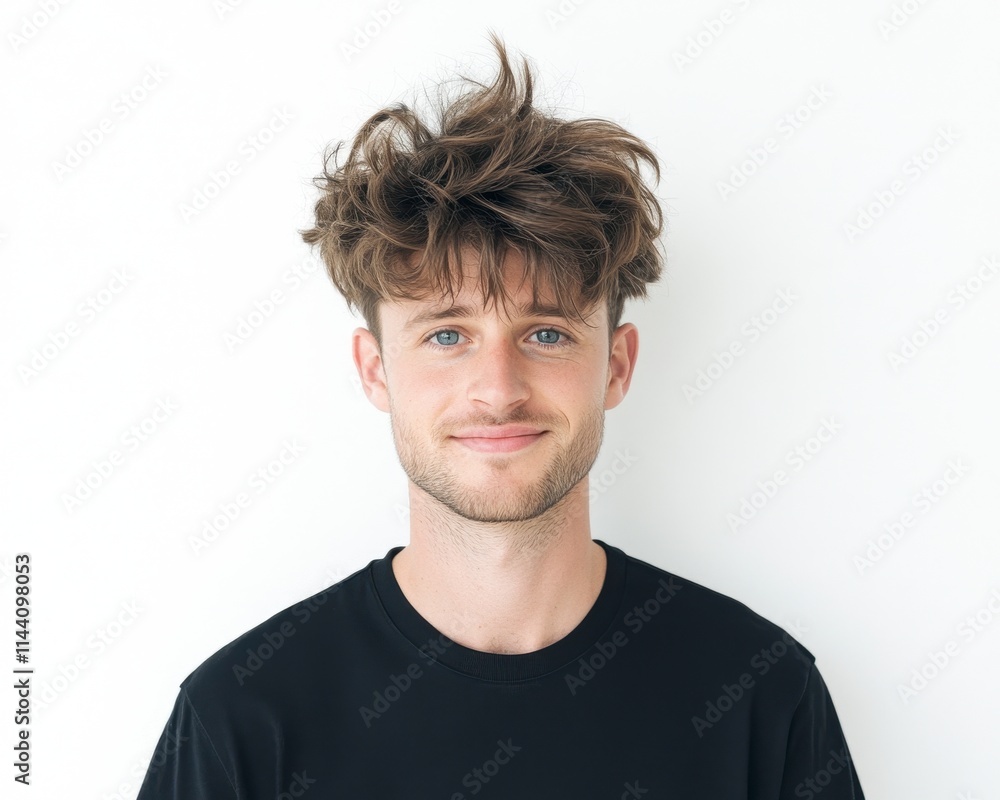 Portrait of a young man with messy hair, smiling gently against a white background. Portrait of a young man with messy hair, smiling gently against a white background.