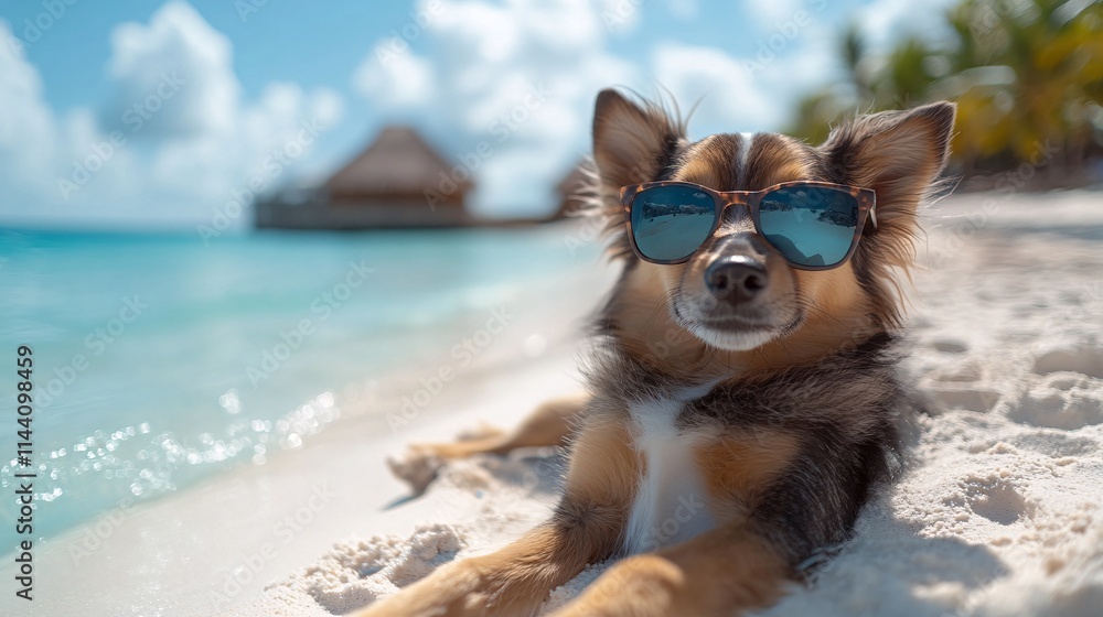 Cute dog wearing sunglasses relaxing on a Maldives beach, surrounded by clear blue water, white sand, and tropical vibes for a perfect getaway. Cute dog wearing sunglasses relaxing on a Maldives beach, surrounded by clear blue water, white sand, and tropical vibes for a perfect getaway.