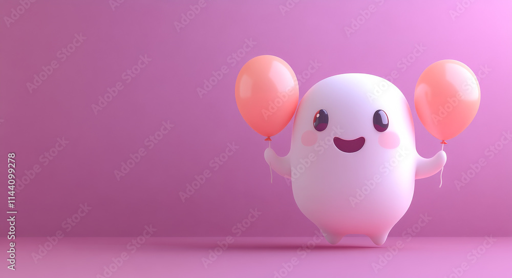 Joyful figure loves balloons. Cute character holding pink balloons on a pastel background in a playful setting for a celebration or event Joyful figure loves balloons. Cute character holding pink balloons on a pastel background in a playful setting for a celebration or event
