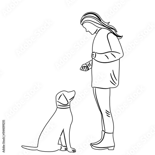 mistress and dog outline, sketch on white background, vector