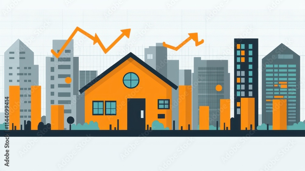 Obraz premium Illustration of a house amidst urban growth and data trends.