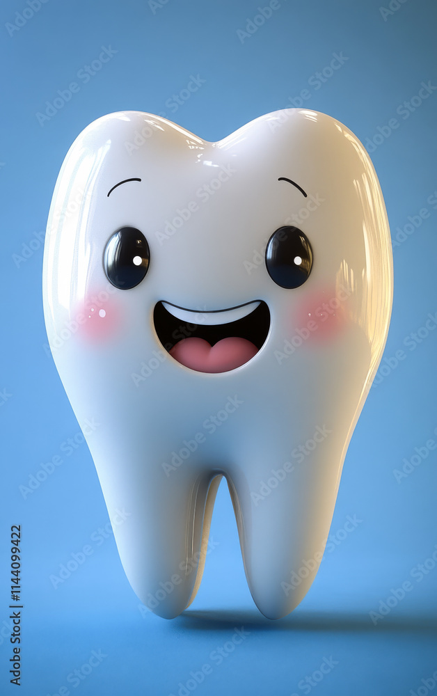 Tooth mascot encourages dental care. Happy cartoon tooth character with a joyful expression on a blue background, promoting dental health and hygiene for kids Tooth mascot encourages dental care. Happy cartoon tooth character with a joyful expression on a blue background, promoting dental health and hygiene for kids