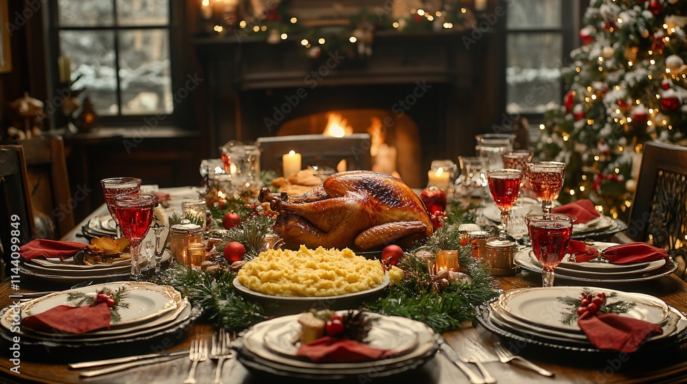 Traditional American Christmas festive dinner with roasted turkey Traditional American Christmas festive dinner with roasted turkey