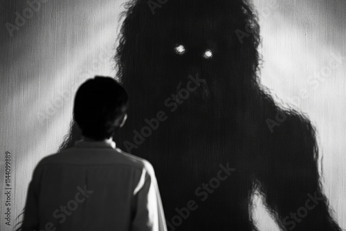 Silhouette of man facing shadowy creature with glowing eyes photo