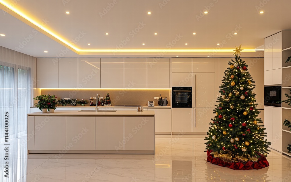 A sleek modern kitchen with polished cabinetry, LED lighting, and a Christmas tree featuring a mix of green, gold, and red ornaments A sleek modern kitchen with polished cabinetry, LED lighting, and a Christmas tree featuring a mix of green, gold, and red ornaments