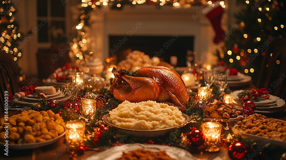 American Christmas turkey on the festive table American Christmas turkey on the festive table