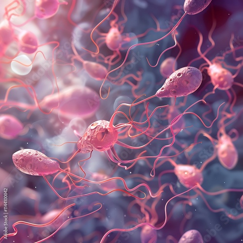 A microscopic view of sperm cells in motion, featuring their distinct oval heads and long tails. The cells are dispersed unevenly in a fluid environment, with some clustered and others scattered