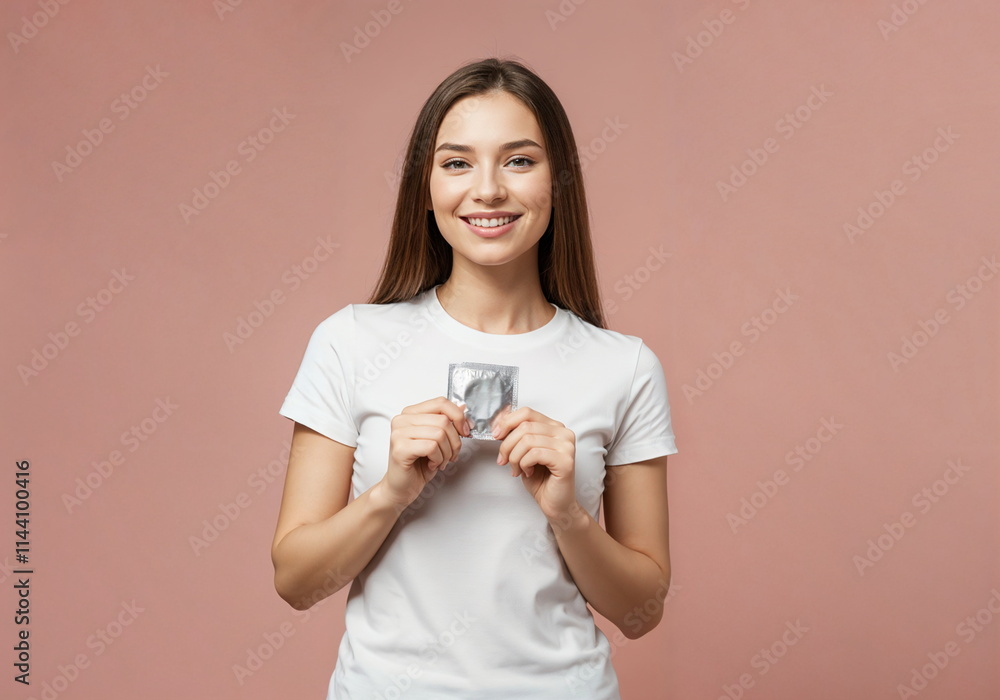 Smiling Young Woman Holding Condom to Promote Safe Sex and Prevent AIDS, Ideal for Educational Campaigns Smiling Young Woman Holding Condom to Promote Safe Sex and Prevent AIDS, Ideal for Educational Campaigns