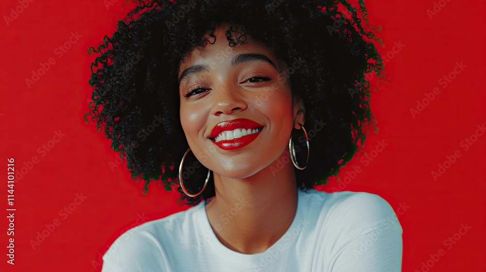 A beautiful black female model with radiant skin, bold red lips, and a voluminous curly afro. She wears hoop earrings, a plain white T-shirt, and lightly distressed blue jeans, smiling confidently A beautiful black female model with radiant skin, bold red lips, and a voluminous curly afro. She wears hoop earrings, a plain white T-shirt, and lightly distressed blue jeans, smiling confidently
