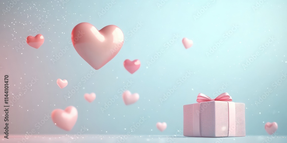 Delicate pink hearts floating softly around a beautiful gift box, signifying love and celebration in a playful manner. Delicate pink hearts floating softly around a beautiful gift box, signifying love and celebration in a playful manner.