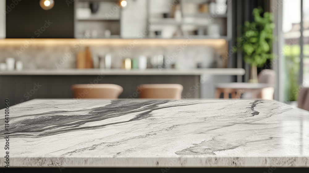 White marble countertop in luxurious kitchen interior White marble countertop in luxurious kitchen interior