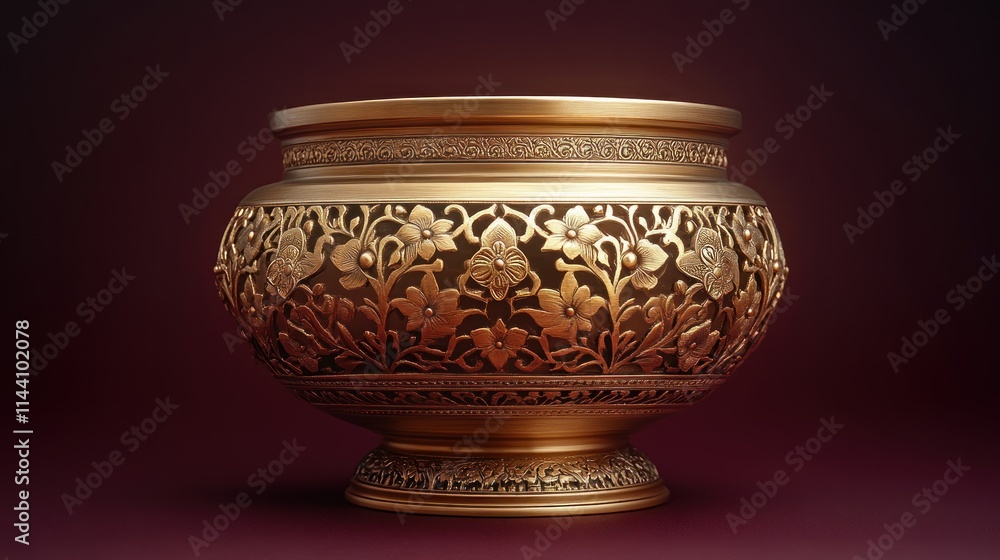 Ornate golden decorative bowl with floral carvings on a dark background. Ornate golden decorative bowl with floral carvings on a dark background.