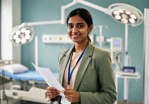 Indian Female Doctor Holding Documents in a Modern Hospital Room, Promoting Professional Healthcare and Patient Care photo