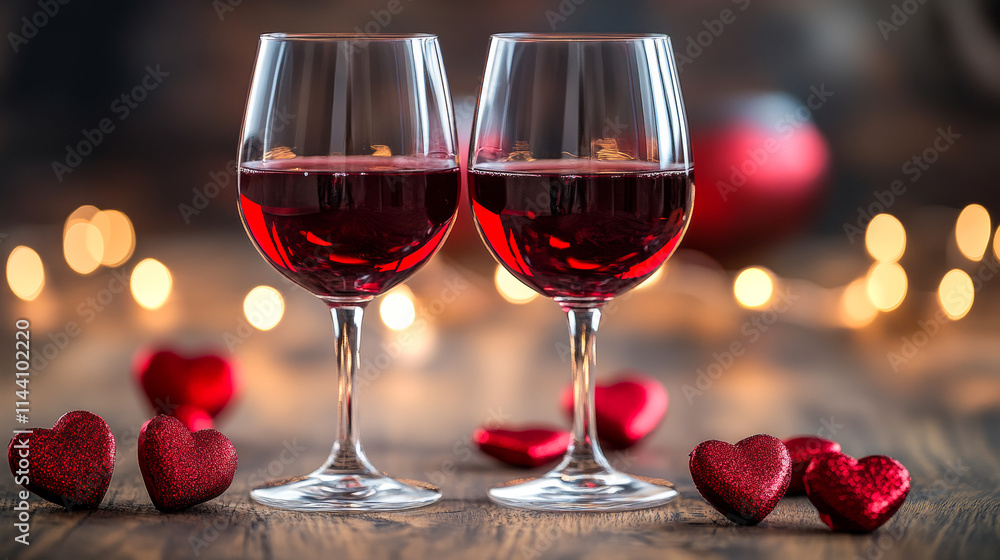 Heart glasses with red wine. Romantic setting with red wine and hearts for a special occasion Heart glasses with red wine. Romantic setting with red wine and hearts for a special occasion