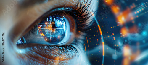 Digital blue eye with data visualization charts and graphs floating in front of it, representing the advanced technology used by AI to process information.