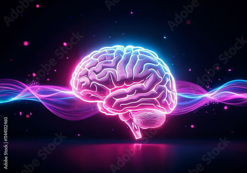 Glowing Neon Brain with Energy Waves on Dark Background, Representing Creativity, Technology, and Innovation photo