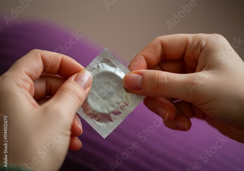 Hands Holding a Condom Packet, Promoting Safe Sex, Health Awareness, and Responsibility photo