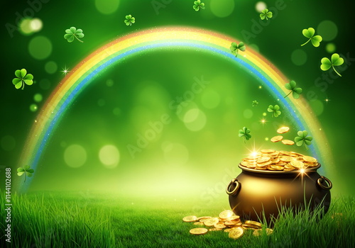 Pot of Gold Under a Rainbow on a Green Background for St. Patrick's Day Celebrations