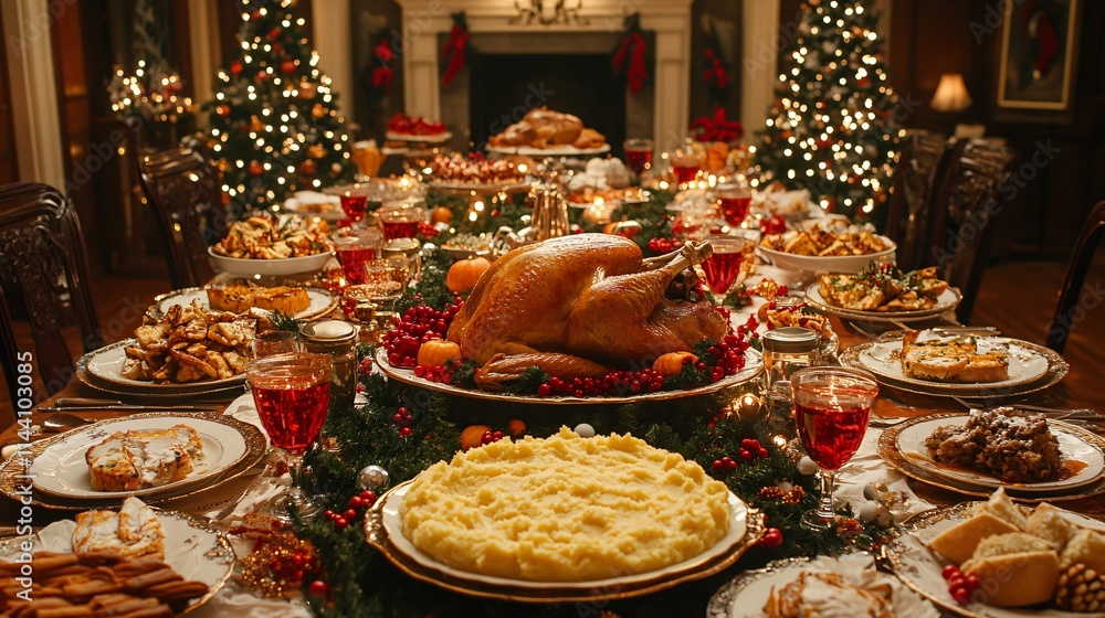 American Christmas turkey on the festive table American Christmas turkey on the festive table