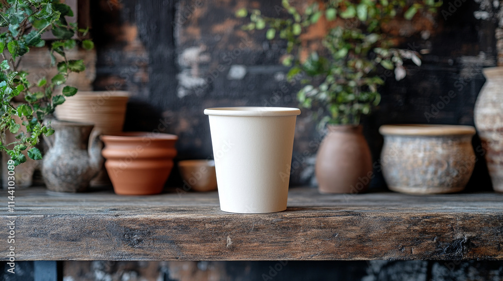 custom made wallpaper toronto digitalA blank white paper cup sits on a rustic wooden surface, surrounded by various earthy-toned pots and plants.  The setting evokes a calm, cozy atmosphere.