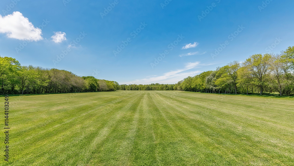 Lush green grass field with trees and blue sky on sunny day Lush green grass field with trees and blue sky on sunny day