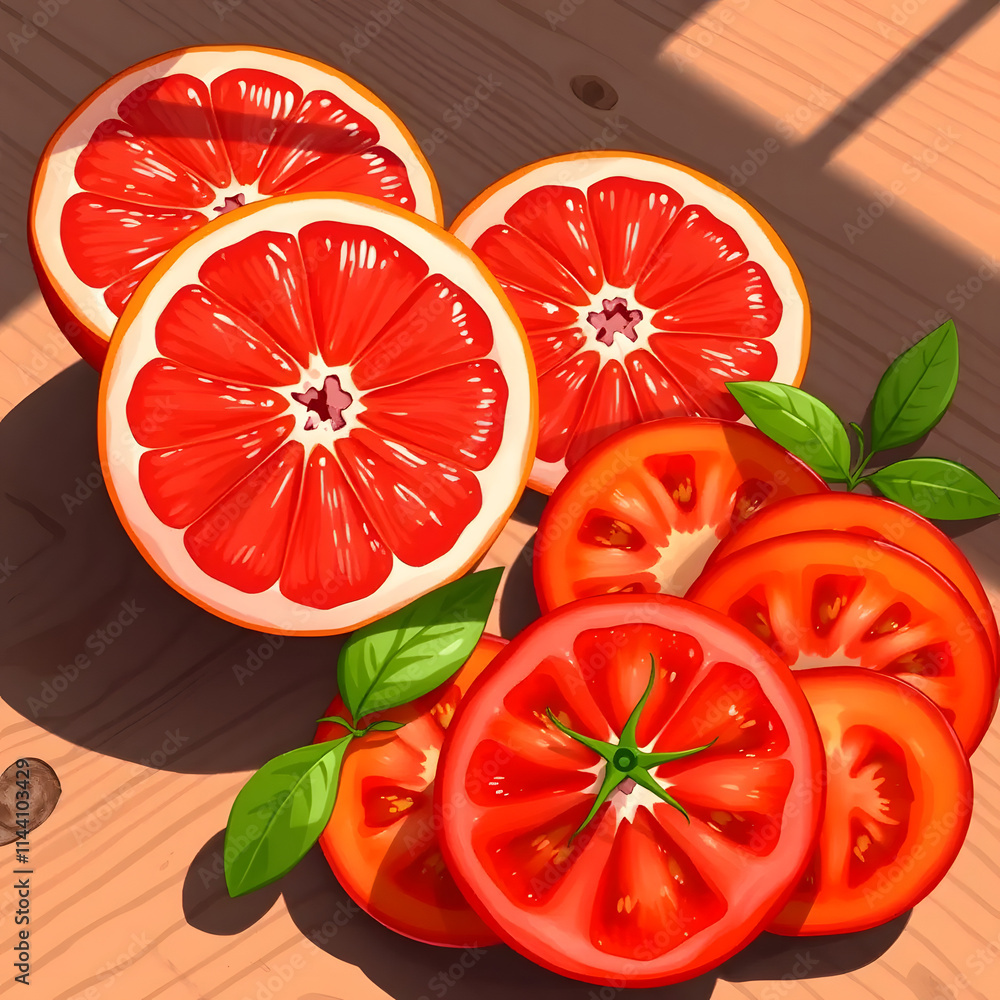 A_cartoonish_clipart_style_of_A_vibrant_grapefruit_and_tomato_salad_rests_on_a_rustic_wooden_table,_the_warm_afternoon_sun_casting_gentle_shadows Generative AI A_cartoonish_clipart_style_of_A_vibrant_grapefruit_and_tomato_salad_rests_on_a_rustic_wooden_table,_the_warm_afternoon_sun_casting_gentle_shadows Generative AI