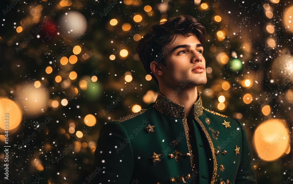 A stylish man in a deep green jacket with gold accents, set against a vibrant Christmas background of twinkling lights and snowflakes A stylish man in a deep green jacket with gold accents, set against a vibrant Christmas background of twinkling lights and snowflakes