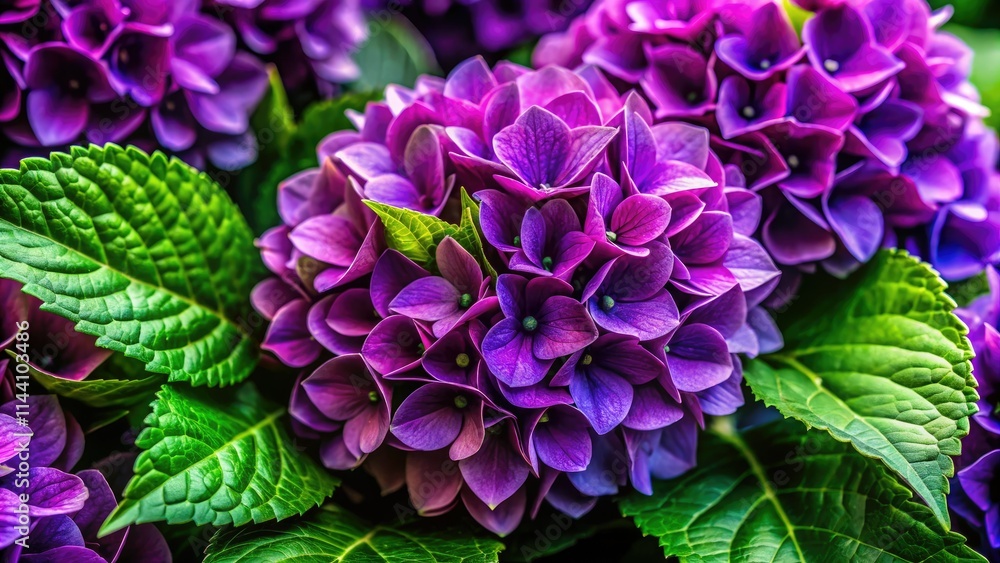 A vibrant purple bouquet explodes with color, lush green leaves complementing the fresh blooms. A vibrant purple bouquet explodes with color, lush green leaves complementing the fresh blooms.