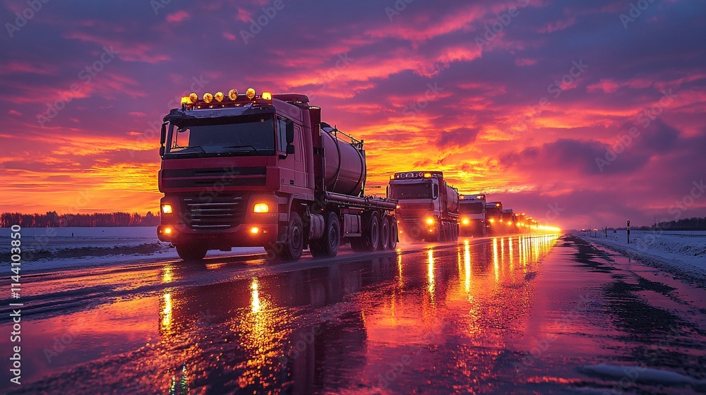 Commercial trucks in a row on a rainy road at sunset, colorful sky reflections shimmering on the ground, creating a dramatic scene Commercial trucks in a row on a rainy road at sunset, colorful sky reflections shimmering on the ground, creating a dramatic scene