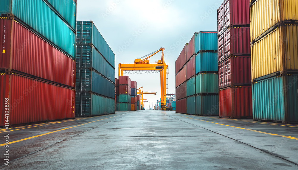 Fototapeta premium Modern shipping terminal with stacked containers and loading trucks in operation.