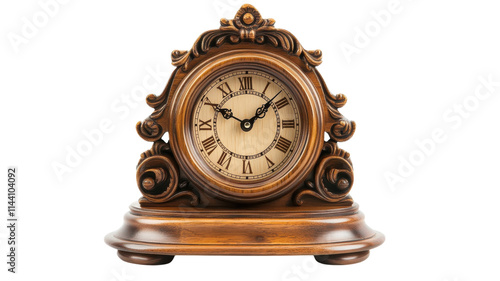 Antique wooden clock with ornate design and Roman numerals displayed on a light background.