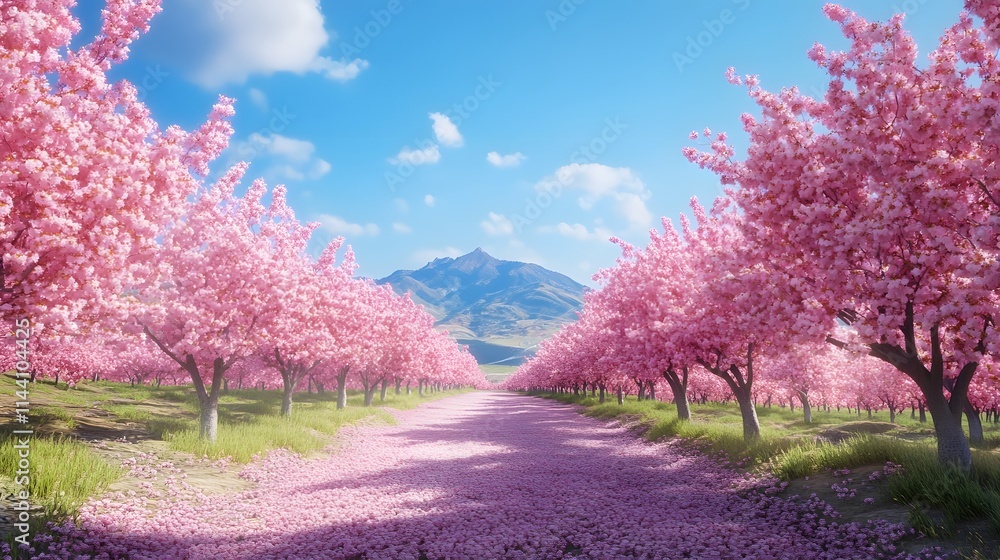 Serene Cherry Blossom Pathway Leading to Majestic Mountain View Serene Cherry Blossom Pathway Leading to Majestic Mountain View