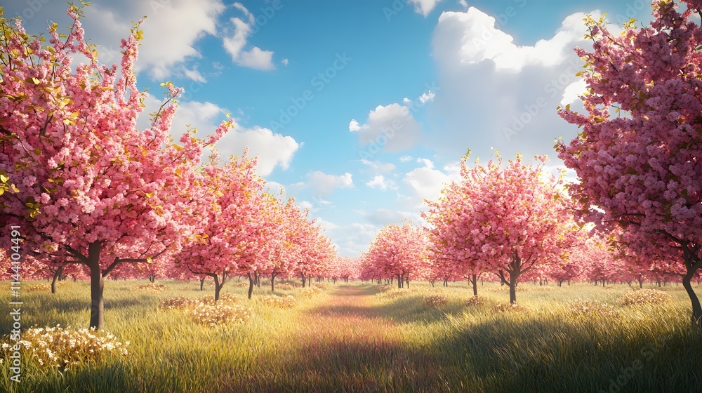 Serene Spring Landscape with Blooming Cherry Trees Under Clear Sky Serene Spring Landscape with Blooming Cherry Trees Under Clear Sky