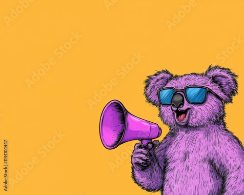 Purple koala wearing sunglasses holds megaphone against yellow background. photo