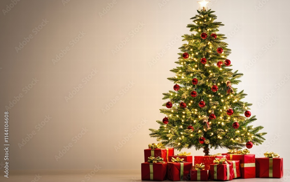 A vibrant green Christmas tree adorned with glowing fairy lights and classic red presents placed underneath on a white background A vibrant green Christmas tree adorned with glowing fairy lights and classic red presents placed underneath on a white background