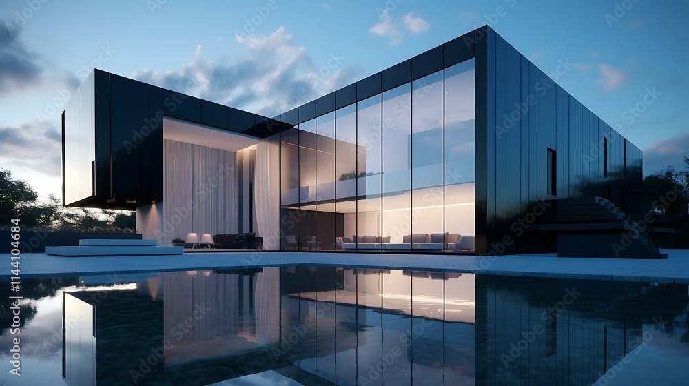 Modern black glass house with pool at dusk. Modern black glass house with pool at dusk.