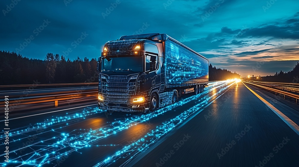 A futuristic digital highway with glowing blue data streams, a sleek semi-truck driving through, symbolizing smart logistics and advanced technology. A futuristic digital highway with glowing blue data streams, a sleek semi-truck driving through, symbolizing smart logistics and advanced technology.