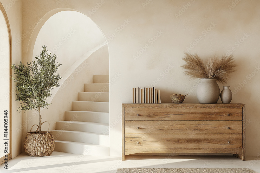 Obraz premium A Modern Wooden Sideboard With Books And Vases Stands Against The Background Of An Arched Wall In Beige Tones, Next To A Staircase, In A Minimalistic, Spacious Interior With Natural Light