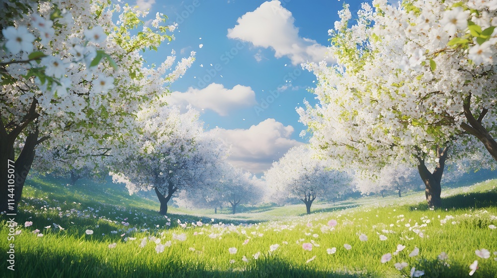 Serene Spring Landscape with Blooming Cherry Trees and Clear Sky Serene Spring Landscape with Blooming Cherry Trees and Clear Sky