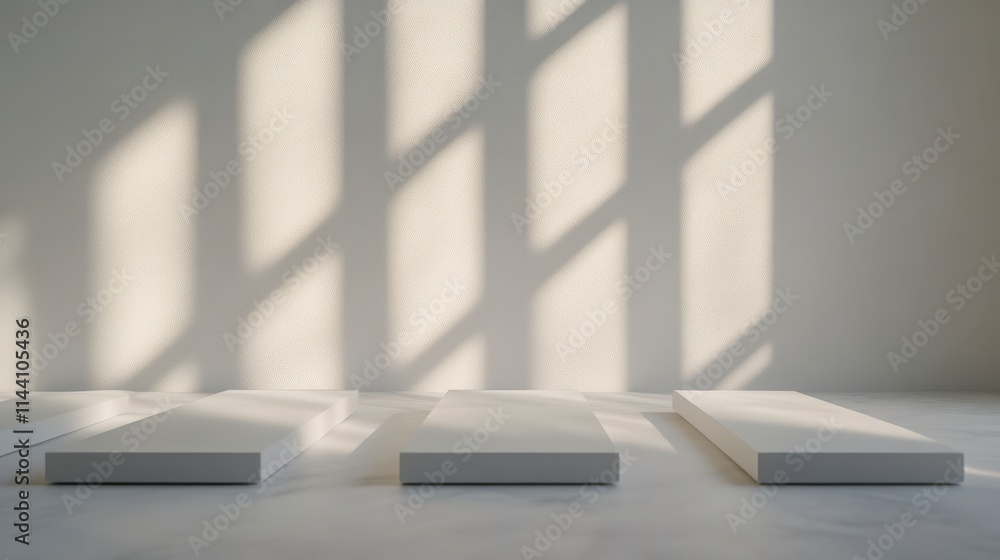 A minimalist interior scene featuring three white platforms casting shadows on a light wall with soft natural lighting. A minimalist interior scene featuring three white platforms casting shadows on a light wall with soft natural lighting.