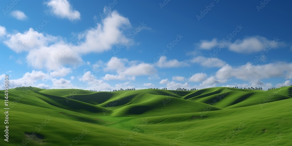 Rolling green hills under a bright blue sky with fluffy white clouds. Rolling green hills under a bright blue sky with fluffy white clouds.