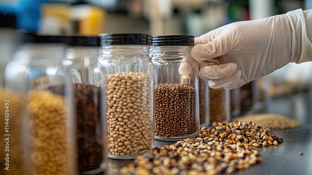 Innovative food scientist developing insect protein sustainable food demonstrating potential alternative protein sources to address global food security environmental concerns Innovative food scientist developing insect protein sustainable food demonstrating potential alternative protein sources to address global food security environmental concerns