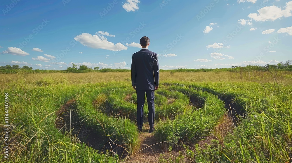 Making a significant choice while standing in a maze under a bright blue sky Making a significant choice while standing in a maze under a bright blue sky