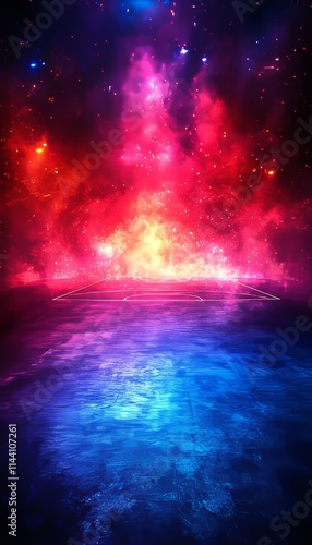 Cosmic Ocean, Nebula Reflection on Water, Vibrant Colors, Abstract Background, Digital Space Art.