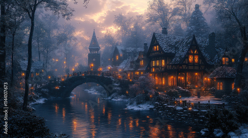 Enchanting Medieval Fantasy Village at Dusk with Illuminated Bridge and Snow