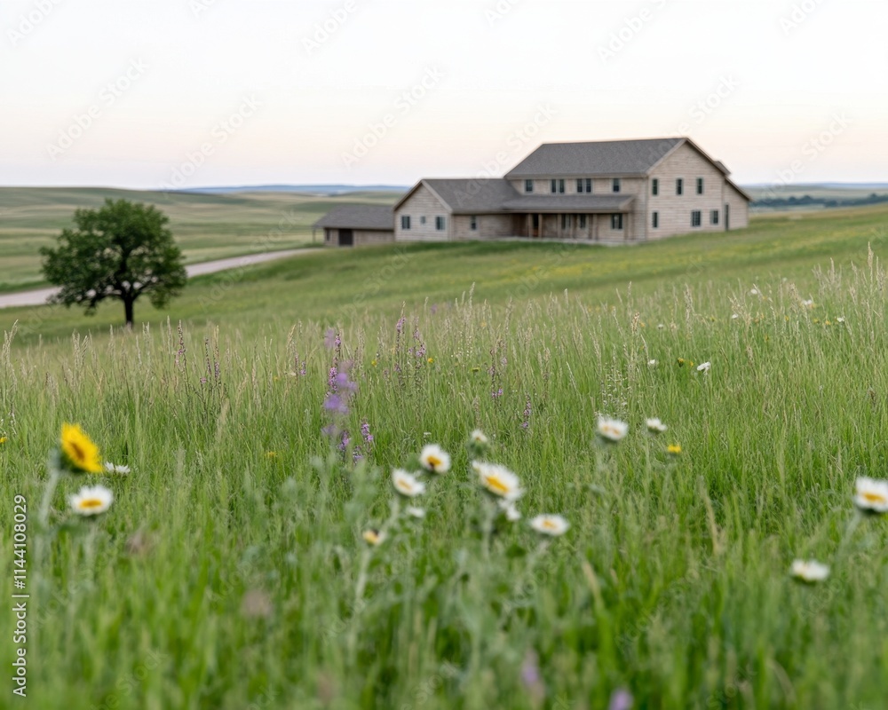 Ranch house on a rolling hill with wildflowers in foreground. Ranch house on a rolling hill with wildflowers in foreground.